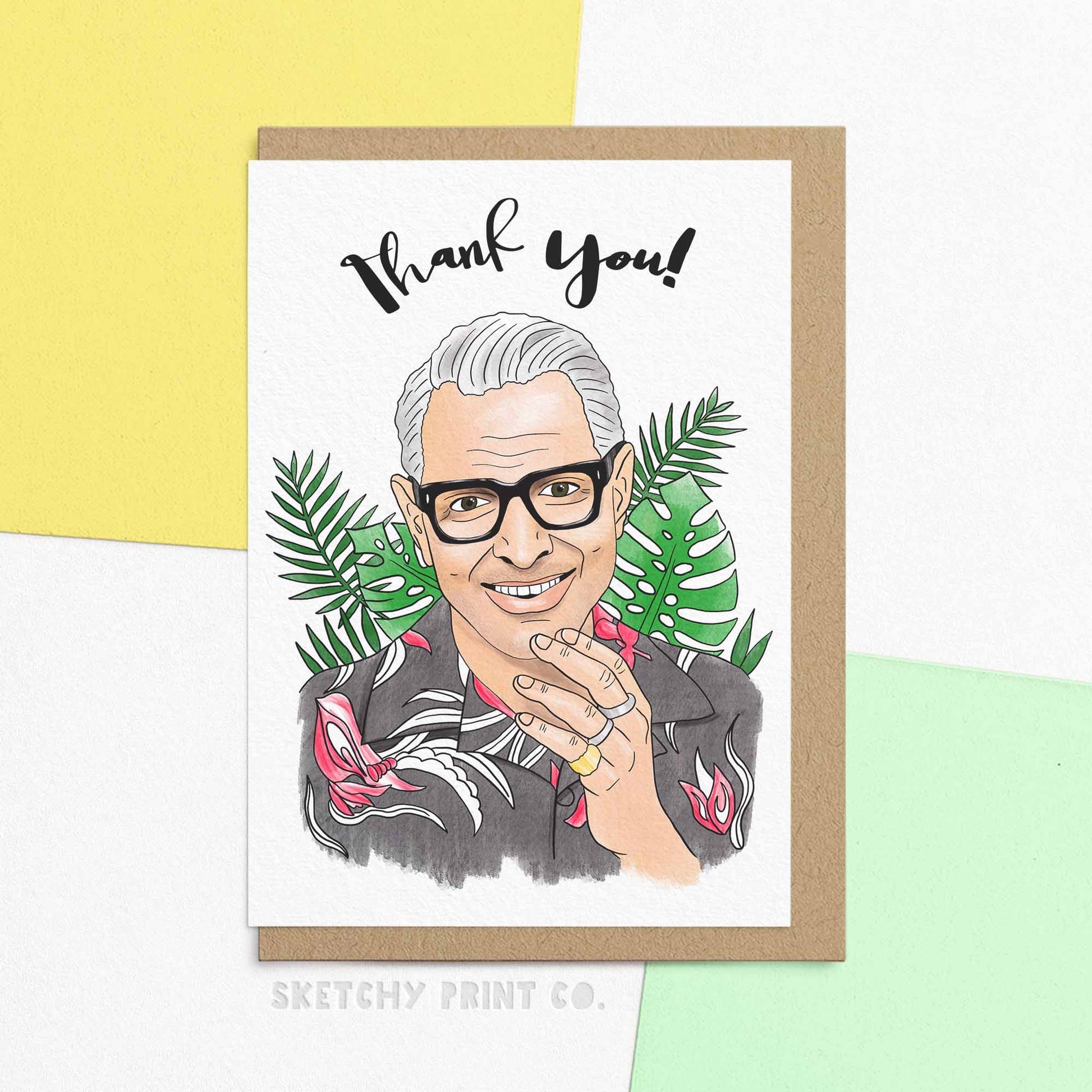 Funny Thank you card reading Thank you! With an arts interpretation of Jeff Goldblum. Express your gratitude in a unique way with Thank You, Jeff - the perfect funny thank you card for any occasion. Show your appreciation with a touch of humour and make their day with this quirky and playful card. No need for serious thank yous here!
