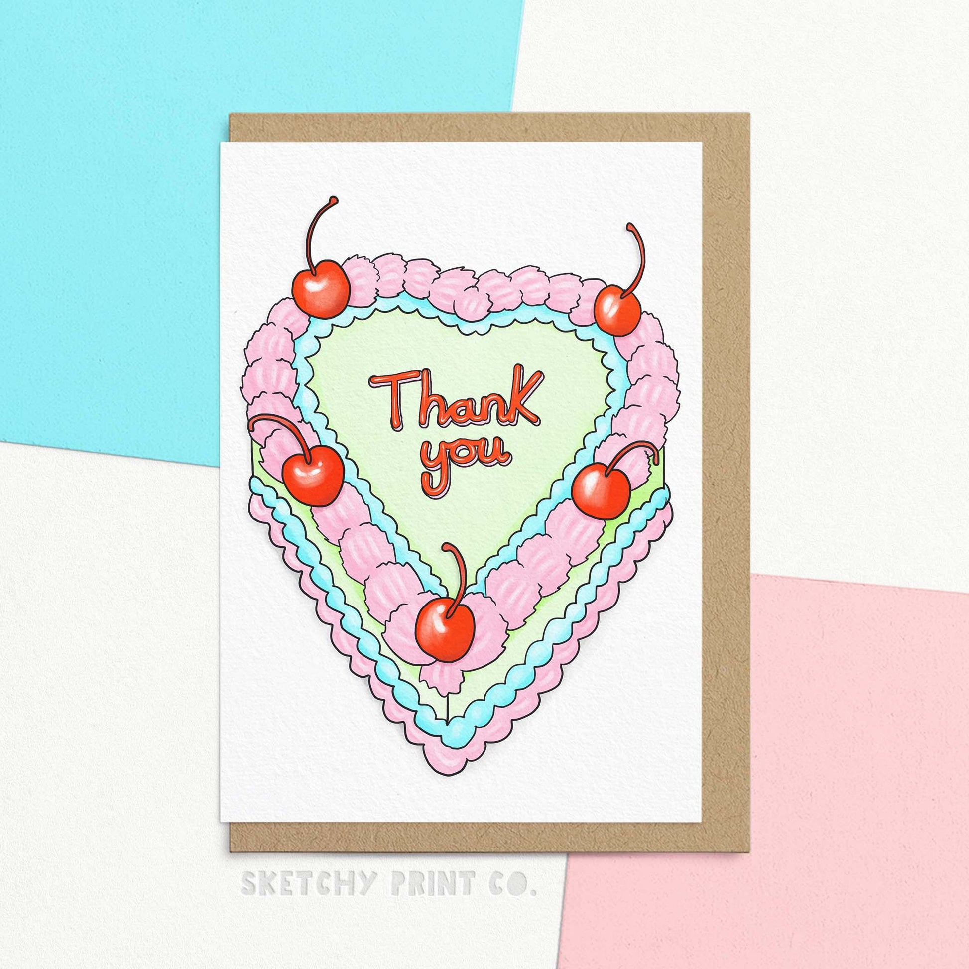 Cute thank you card featuring a watercolour illustration of a heart shaped cake with thank you written in frosting. Say thank you in the sweetest way with our Thank You Cake! Featuring funny thank yous and a cute, colourful heart-shaped design, this cake is sure to bring smiles and share gratitude. Perfect for any occasion, show your appreciation with a delicious twist!