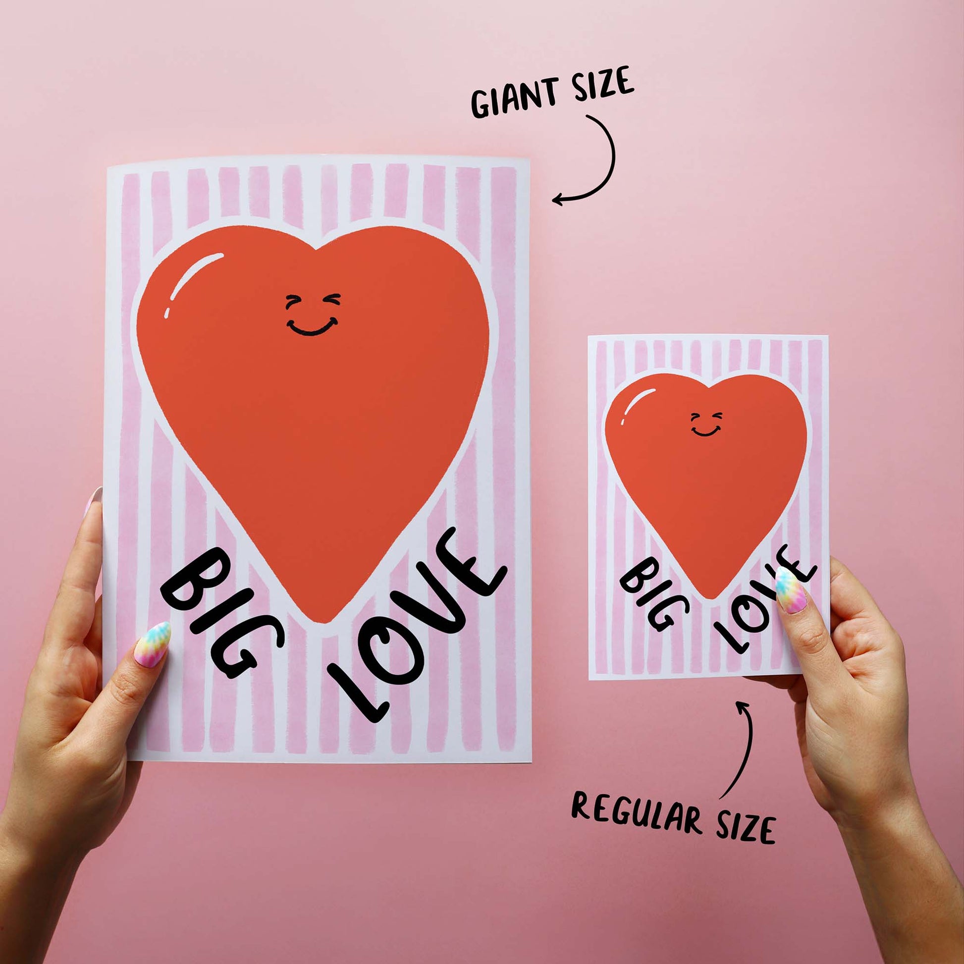 Cute 'big love' card shown in two sizes for comparison, Regular 5x7 inches and Giant A4.