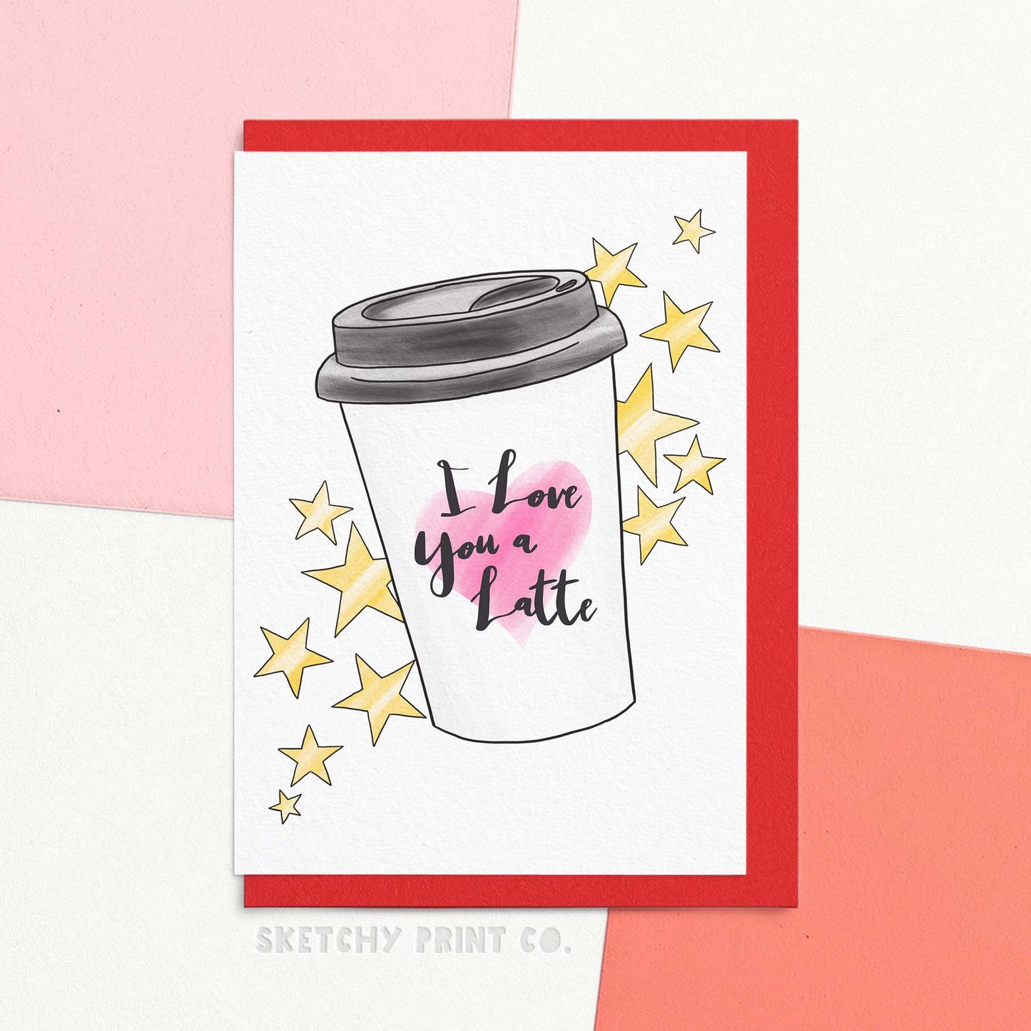 Funny Valentines Day card with an illustration of a coffee cup reading I love you a latte. Show your Valentine a latte love with this hilarious Valentine's Day card. Perfect for coffee lovers, it features a cute watercolour illustration and is printed in house on sustainable FSC certified paper. Whether it's a valentines card for your boyfriend or girlfriend, or a pick me up for a loved one, this card is sure to warm their heart. I mean, who doesn't love a good pun? We sure brew ☕️.