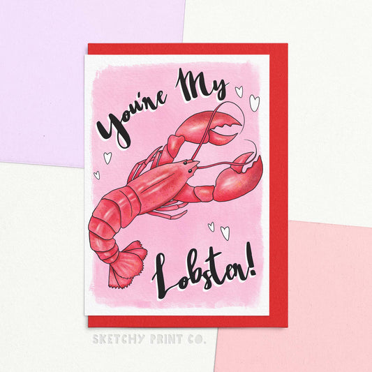 Funny Valentine's Day card reading you're my lobster! With a cute watercolour illustration of a lobster. Let the love of your life know they're the one and only lobster for you with this funny Valentine's Day card! Plus the FSC-certified card and compostable packaging won't leave your bae feeling crabby. So don't be shell-fish and share the love with our cute valentines card! 🦞