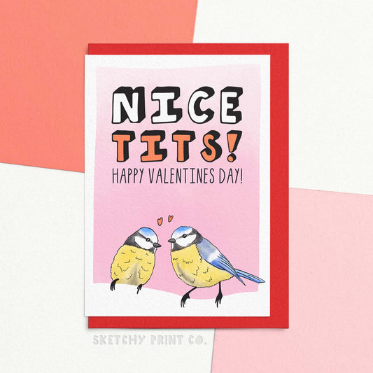 Funny Valentine's Day card for Wife or girlfriend reading Nice Tits! Happy Valentine's Day with a cute illustration of a pair of blue tits. A perfect Pair! Surprise your significant other with this hilarious Valentine's Day card! With a playful message and a cheeky pun, this card is sure to bring a smile to their face. The perfect rude Valentine's Day Card for your wife or girlfriend, this card is guaranteed to be a hit with the birds!
