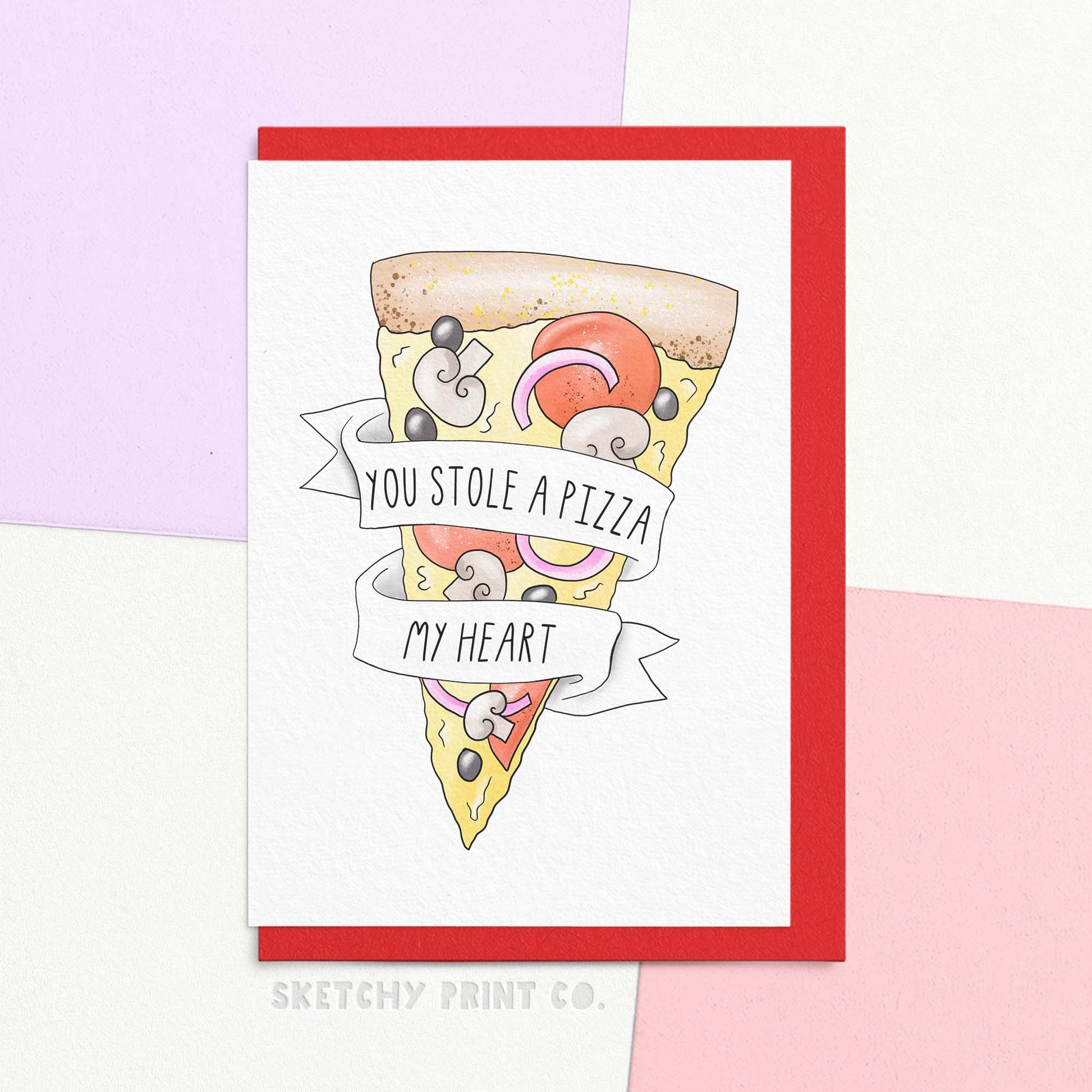 Funny Valentine's Day card reading You stole a pizza my heart. Declare your love with this funny Valentine's Day card, made for the pizza lover in your life. Whether you prefer deep pan or thin crust, this card is the perfect combination of cheesy and romantic (literally). Share a slice of your heart with this cute card!