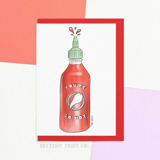 Valentines cards for her. Valentines cards for him. Spice up any Valentine's Day with this hot and saucy card! Printed by us on thick FSC certified card, it's a funny valentines card that shows you're both environmentally conscious and full of flavour. Bottle up your love and let this funny card do the talking. (Make sure to have some Sriracha on hand for when things heat up!)