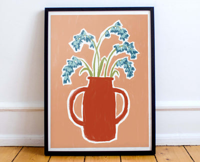 modern, bright and joyful, hand painted print of bluebells in a wavy vase