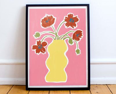 modern, bright and joyful, hand painted print of Poppies in a wavy vase