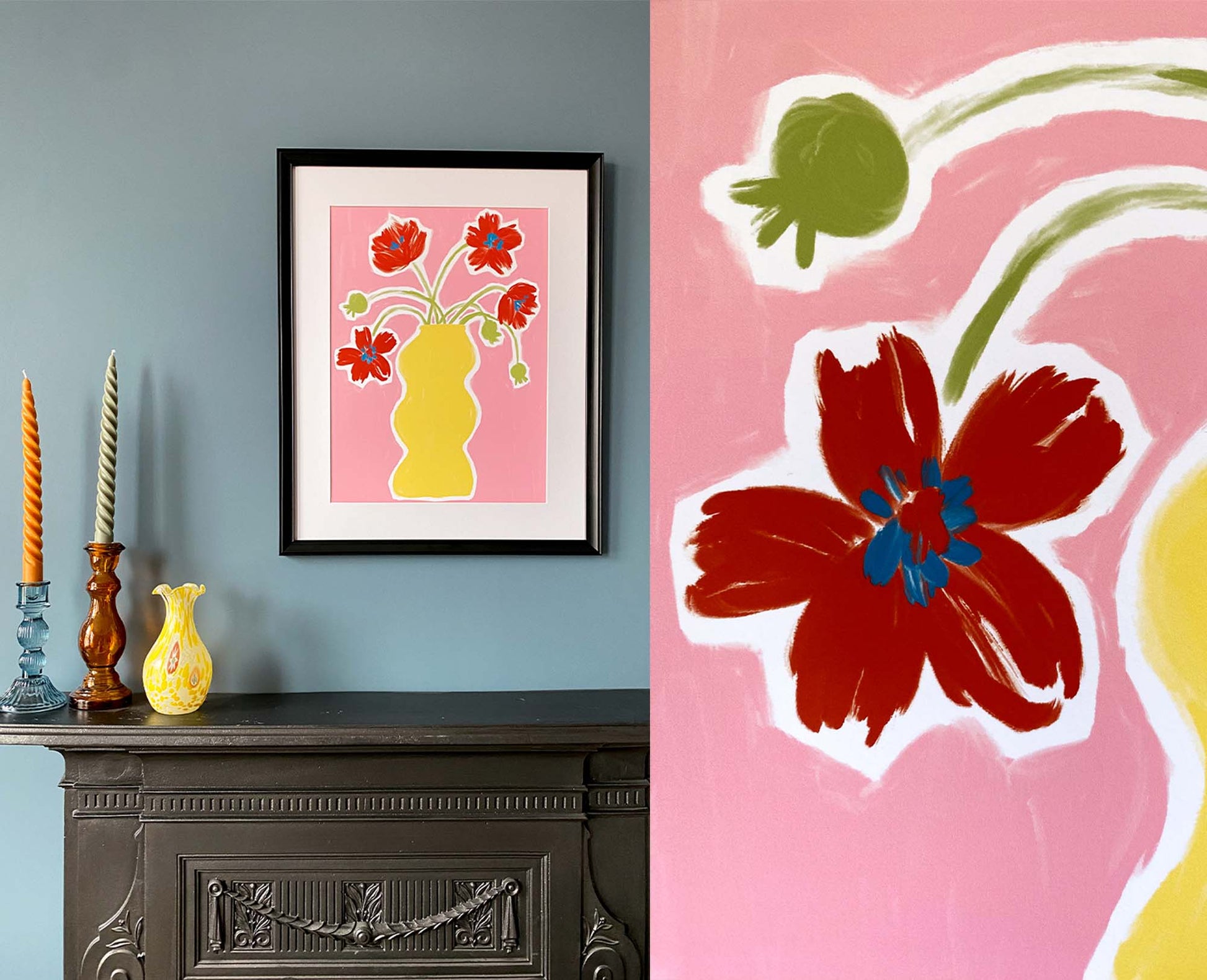 modern, bright and joyful, hand painted print of Poppies in a wavy vase