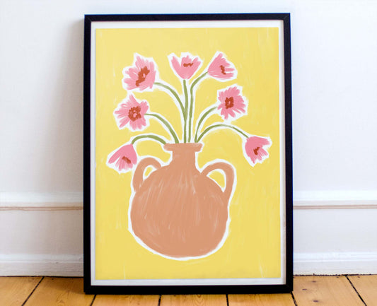 modern, bright and joyful, hand painted print of cosmos in a wavy vase