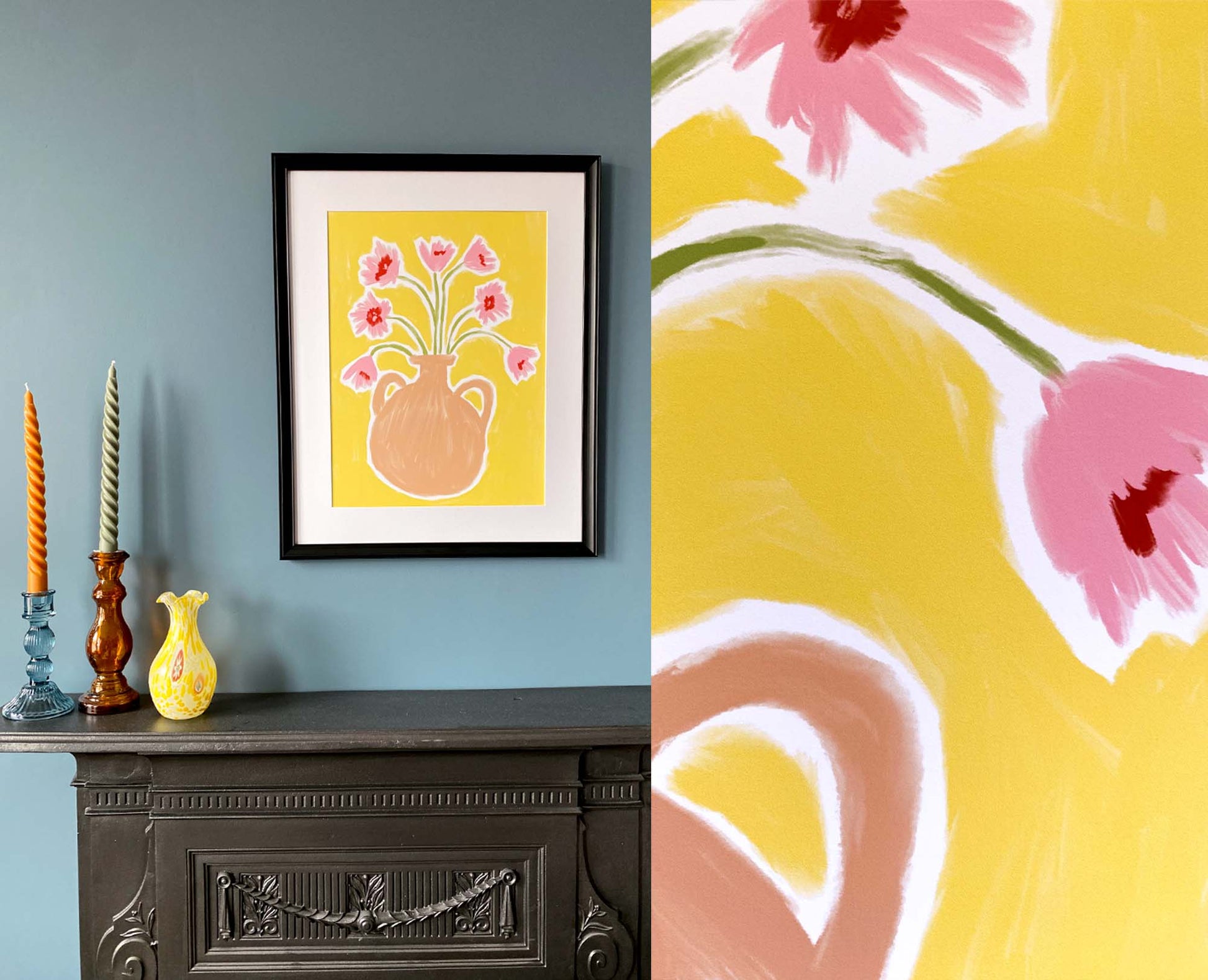 modern, bright and joyful, hand painted print of cosmos in a handled vase