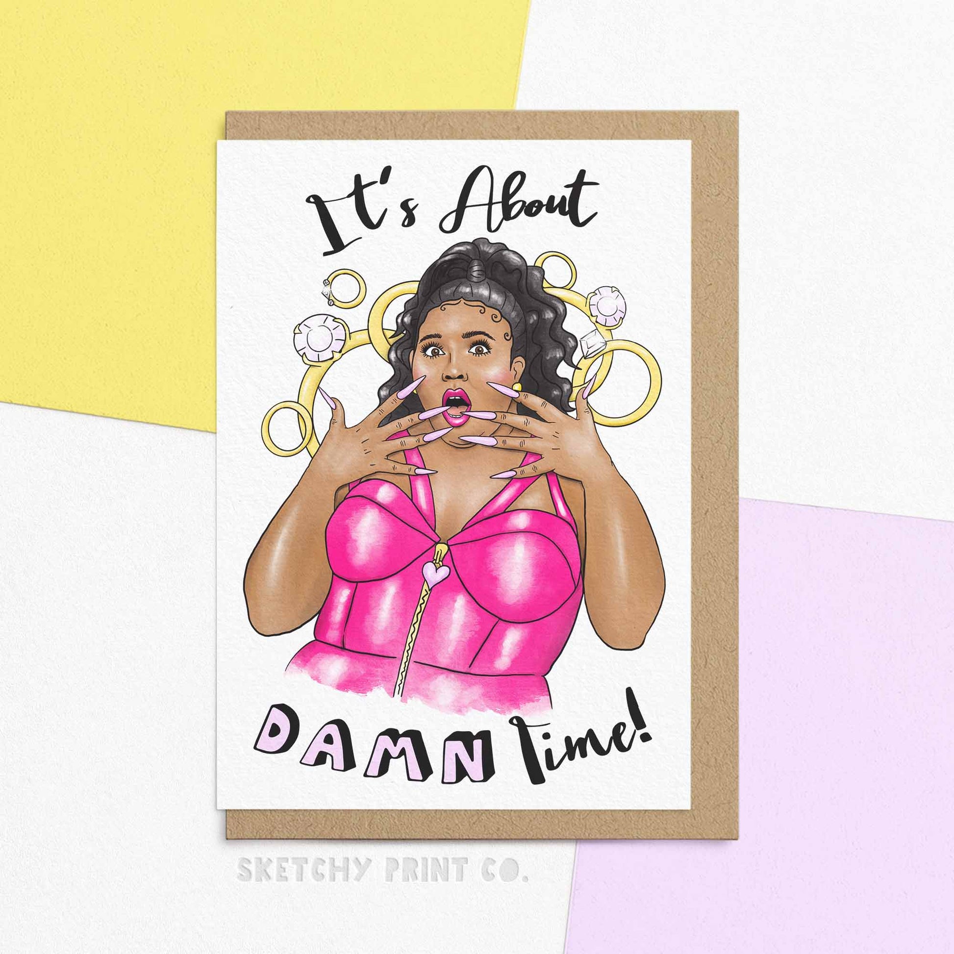 funny engagement greetings for wedding couple. cute engagement announcement card featuring a illustration of a surprised woman of colour, with text reading 'its about damn time!'