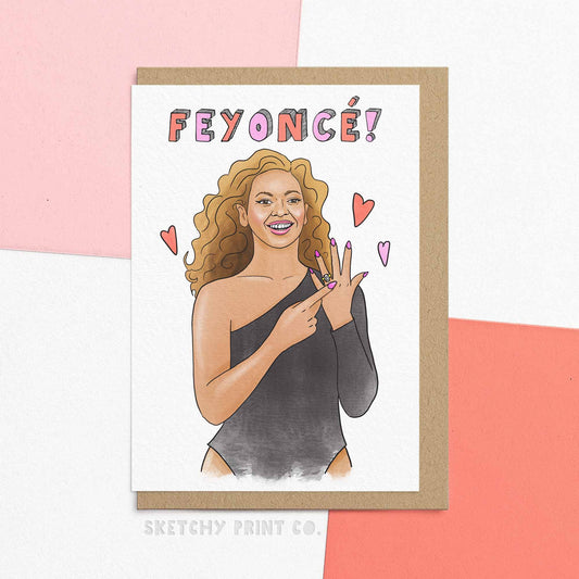 congratulations on your engagement, engagement greeting card for friend. Card says Feyonce in pink and red letters with a cute illustration. The perfect way to send funny wedding wishes to the happy couple!