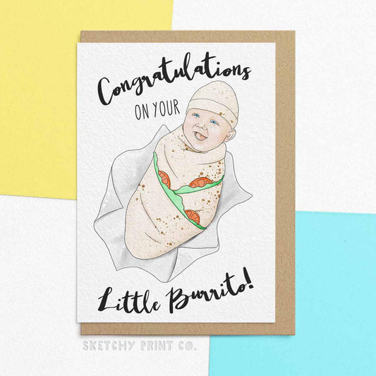 Funny New Baby Cards Baby Burrito Mum Dad unique gift unusual hilarious illustrated sketchy print co