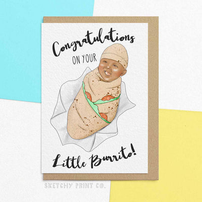 Funny New Baby Cards Baby Burrito POC Inclusive Mum Dad unique gift unusual hilarious illustrated sketchy print co