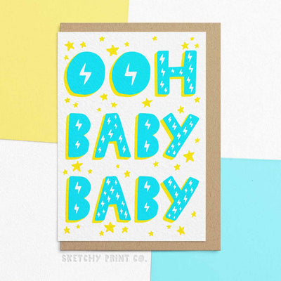 It's A Boy, Gender Reveal, New Baby, Funny New Baby Cards Birth Oh Baby New Mum Dad unique gift unusual hilarious illustrated sketchy print co