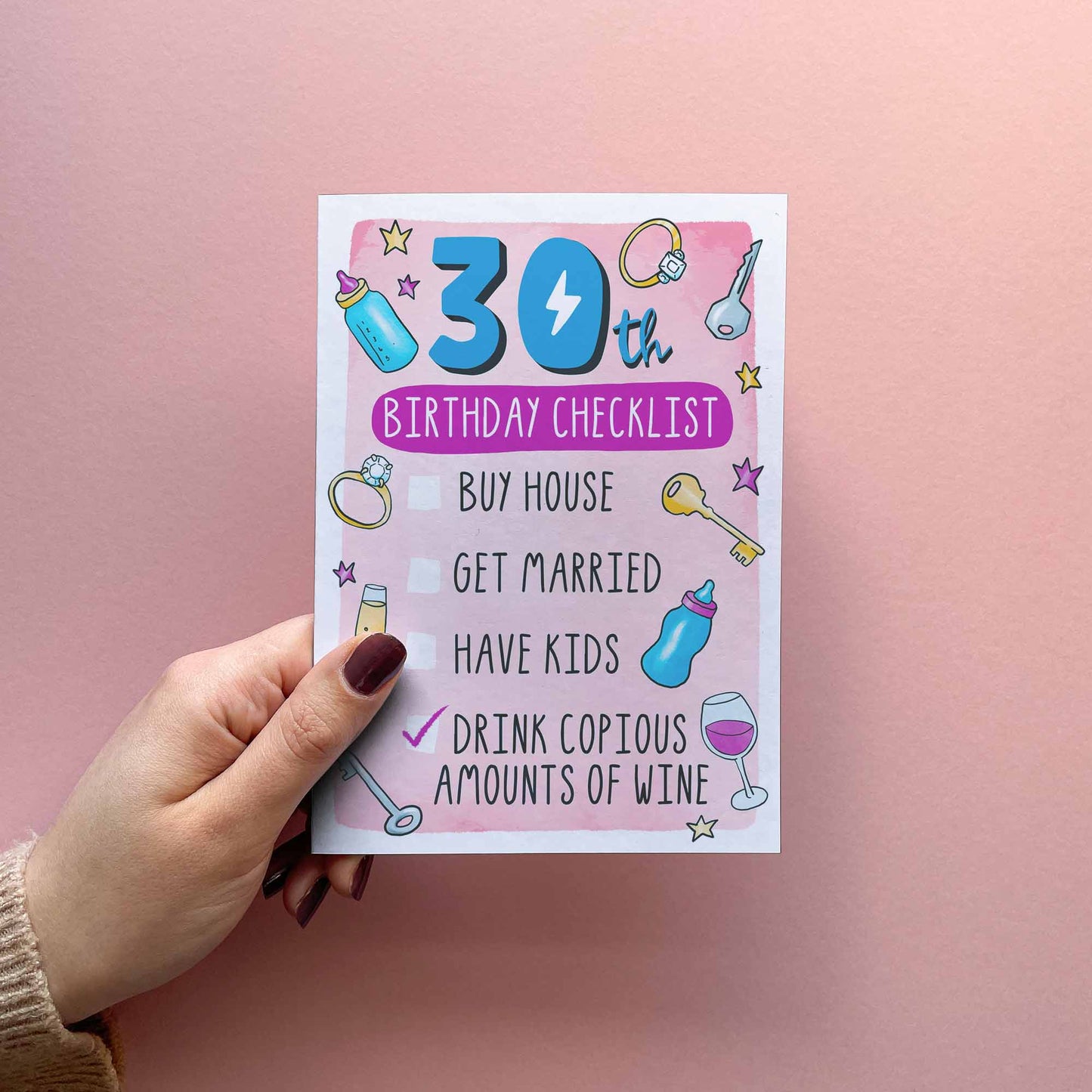 Funny 30th Birthday Card for girlfriend or Wife. Pink and blue milestone birthday bucket list.