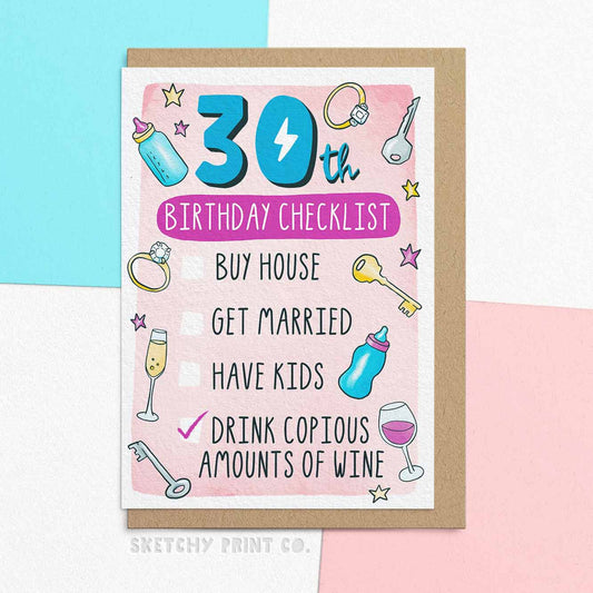  Funny 30th Birthday Card for girlfriend or Wife. Pink and blue milestone birthday bucket list.