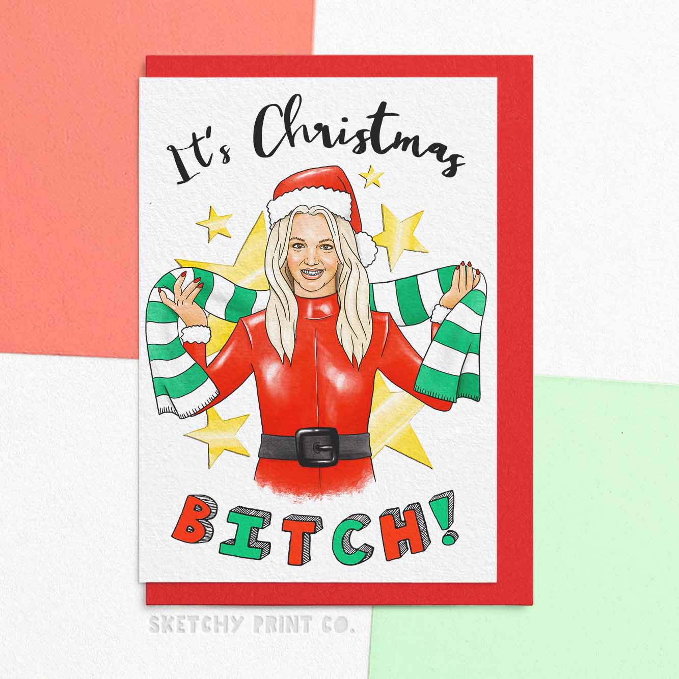Funny Britney Christmas Card, It's Christmas Bitch! Funny Christmas Cards boyfriend girlfriend unique gift unusual hilarious illustrated sketchy print co  Edit alt text