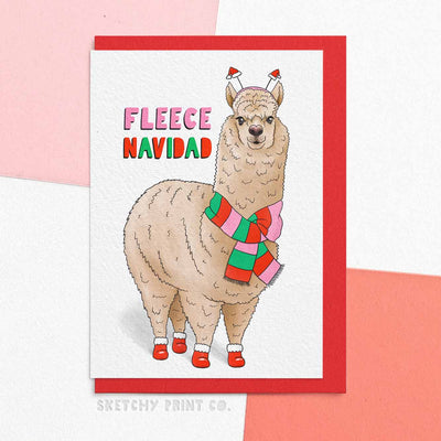Fleece Navidad, Funny Alpaca Lama Christmas Card, Funny Christmas Cards boyfriend girlfriend unique gift unusual hilarious illustrated sketchy print co