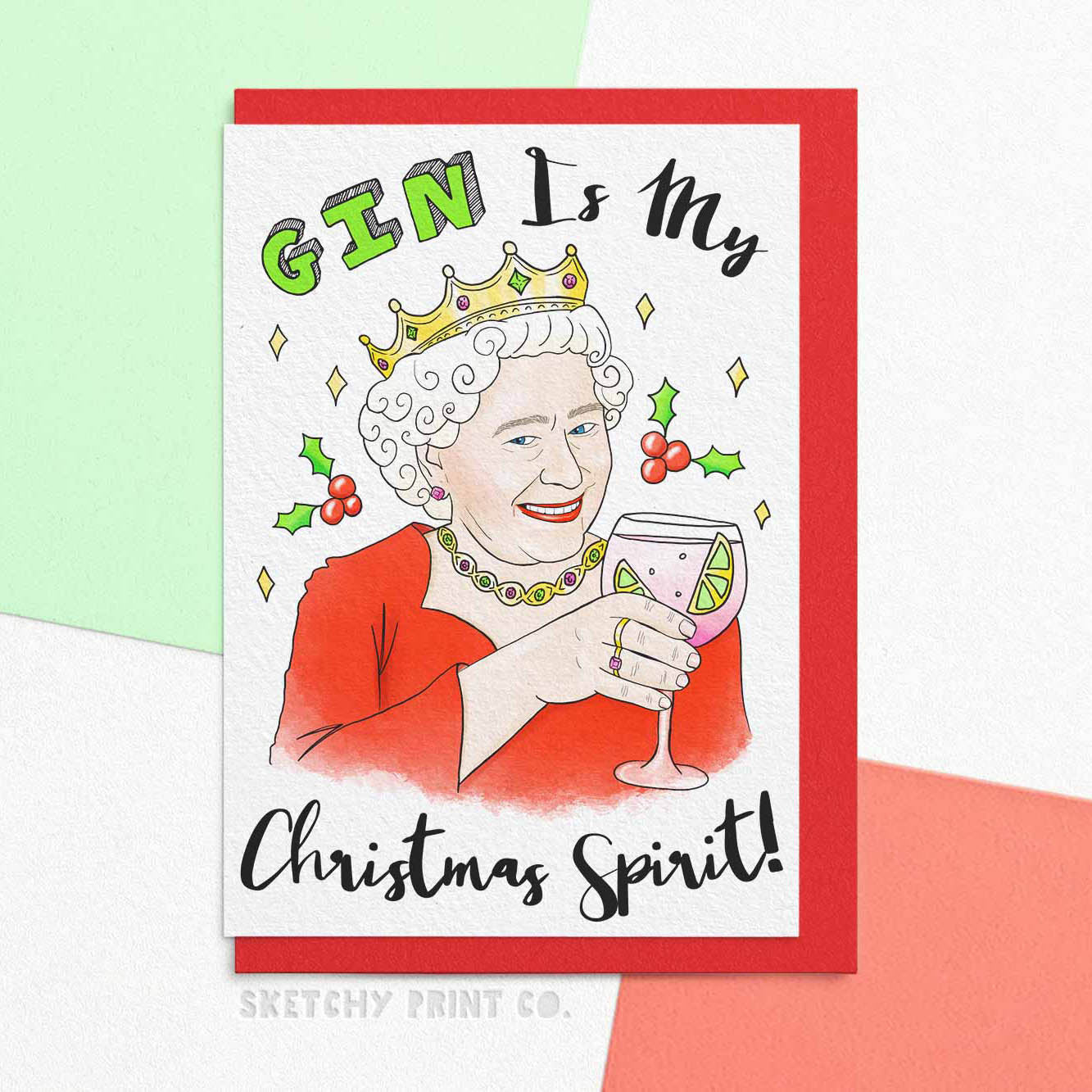 Funny Christmas Cards The Queen Gin Mum girlfriend unique gift unusual hilarious illustrated sketchy print co