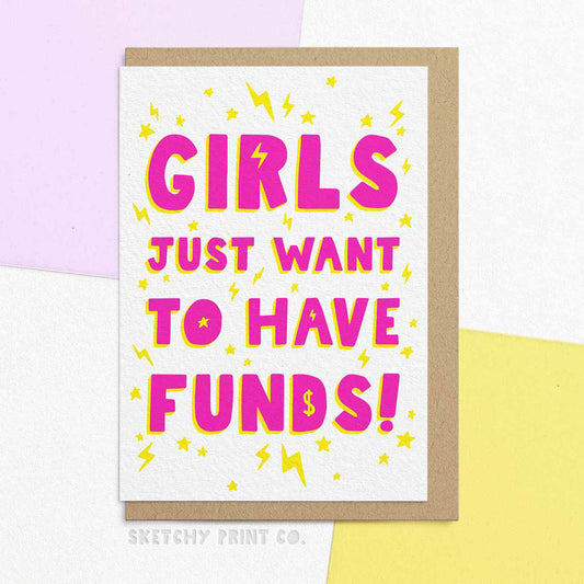 Funny Rude Silly New Job Cards Leaving Work Wife Girls Just Want To Have Funds  unique gift unusual hilarious illustrated sketchy print co